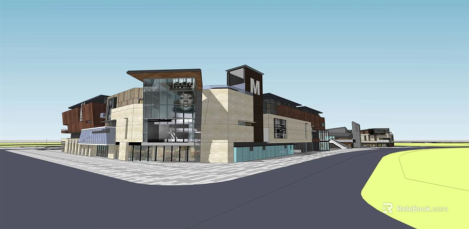 Modern Commercial Street With Glass Facade Stone Walls And Plaza Entrance Area 3d model 