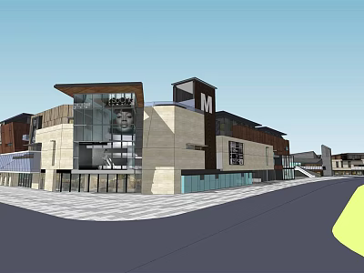 Modern Commercial Street With Glass Facade Stone Walls And Plaza Entrance Area 3d model