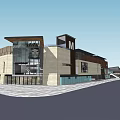 Modern Commercial Street With Glass Facade Stone Walls And Plaza Entrance Area