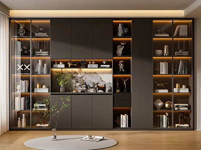 Modern Dark Wine Cabinet Featuring Glass Doors LED Lighting and Layered Shelves in Living Room 3d model