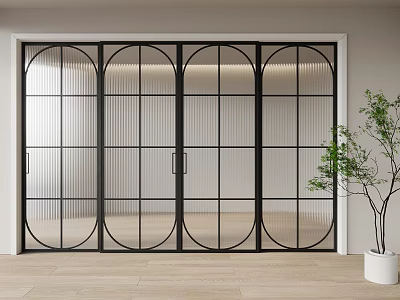 Modern Open Kitchen Interior With Black Frame Glass Sliding Doors And Green Plant 3d model