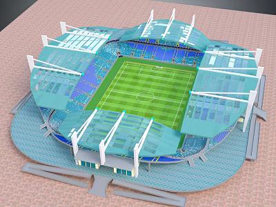Modern Football Stadium 3D Model With Green Lawn Blue Stands And White Roof Structures 3d model