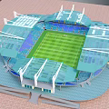 Modern Football Stadium 3D Model With Green Lawn Blue Stands And White Roof Structures
