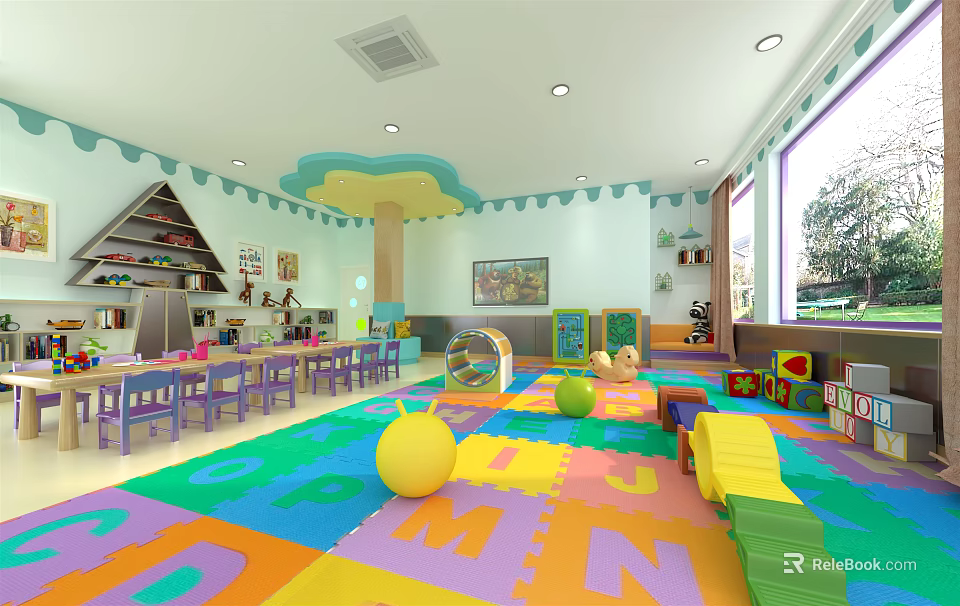 Colorful Kindergarten Indoor Play Area With Puzzle Floor Toys And Natural Light 3d model 
