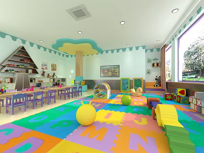 Colorful Kindergarten Indoor Play Area With Puzzle Floor Toys And Natural Light 3d model