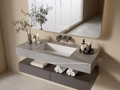 Elegant Modern Bathroom Vanity Cabinet With Marble Countertop Mirror And Folded Towels 3d model