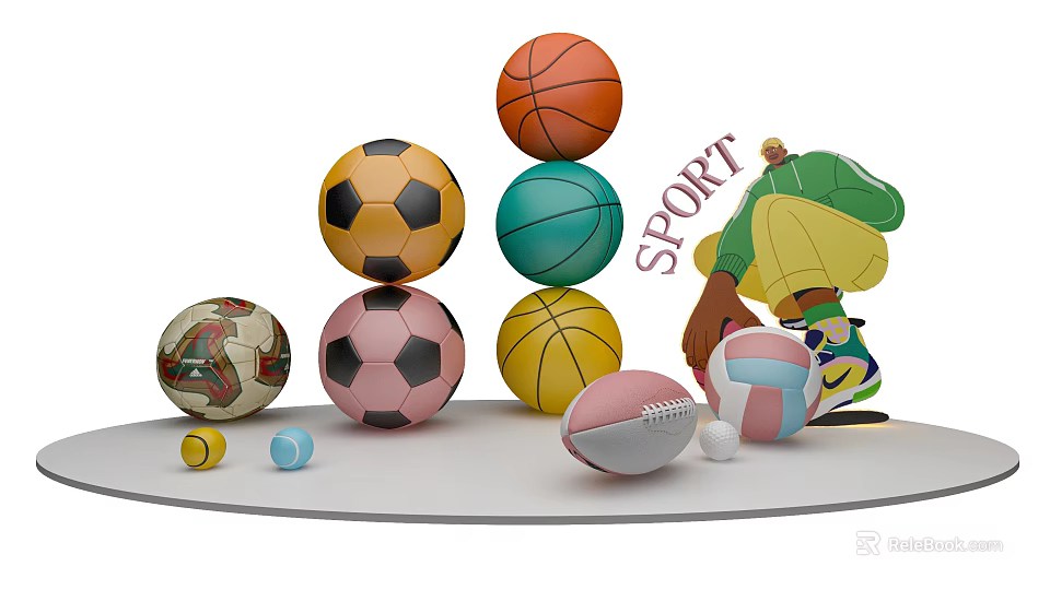 Colorful Sport Collection Featuring Stacked Soccer Basketball Volleyball Football Tennis Balls And Character 3d model 