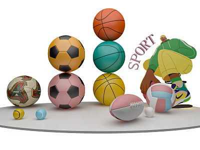 Colorful Sport Collection Featuring Stacked Soccer Basketball Volleyball Football Tennis Balls And Character 3d model