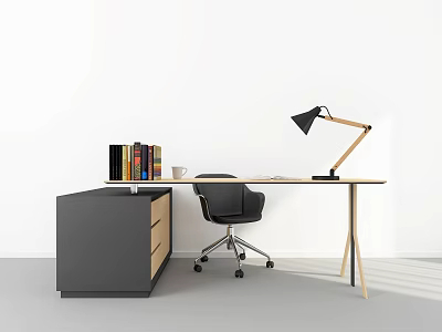 Modern Wooden Office Desk With Black Lamp Books Cup Chair And Cabinet 3d model