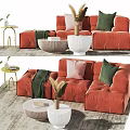 Red Sectional Sofa With Accent Pillows Throw Blanket Coffee Tables And Greenery 3d model