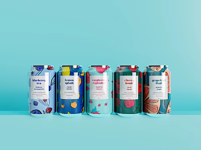 Colorful Sparkling Drink Cans With Different Flavors And Vibrant Patterns On Light Blue Background 3d model