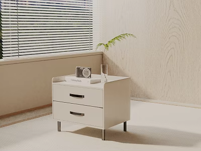 White Side Table With Two Drawers Slim Black Legs And Vintage Camera Green Plant 3d model