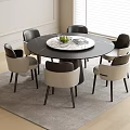 Elegant Modern Round Dining Table And Chairs Set With Beige Black Seats And Fruit Plate
