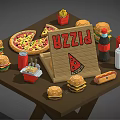 Assorted Fast Food Selection Featuring Pizza Burgers Fries Hotdog And Drinks With Sign