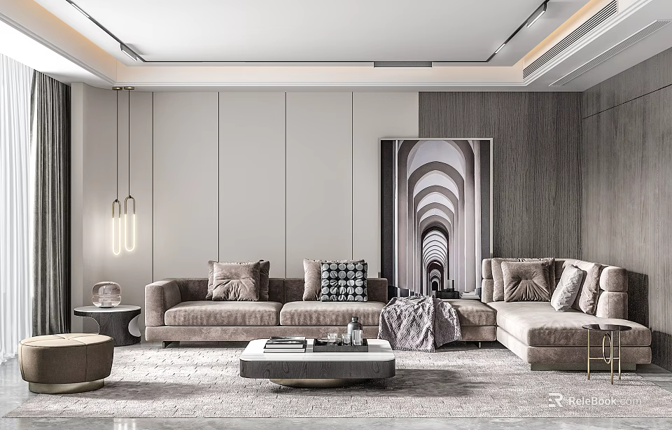 Modern Beige Sofa Coffee Table Set With Patterned Pillows And Large Decorative Painting 3d model