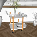 Stylish White Rolling Cart With Vase Bottles Plants And Window Blinds On Herringbone Wooden Floor