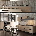 Modern Open Kitchen Interior With Dining Table Chairs And Wooden Cabinets 3d model