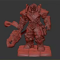 Detailed 3D Warrior Character In Blue Gold Armor Holding Axe Weapon Standing On Pedestal
