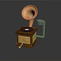 Vintage Gramophone Decorative Piece With Golden Horn Wooden Base And Black Turntable