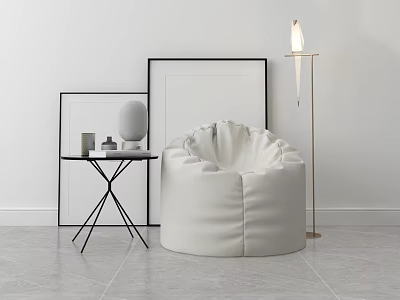 Off-white Bean Bag Chair in Modern Interior with Black Side Table Frames and Floor Lamp 3d model