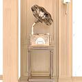 Vintage Brass Gramophone On Wooden Cabinet With Wooden Wall Paneling And Marble Accent
