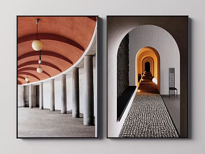 Architectural Decorative Paintings With Arched Ceilings Columns Cobblestone Path And Archway 3d model