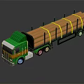 Green Logging Truck Carrying Stacked Logs Secured With Yellow Straps On Flatbed 3d model