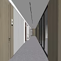 Modern Office Corridor With Wooden Walls Glass Partitions Light Strips And Terrazzo Flooring