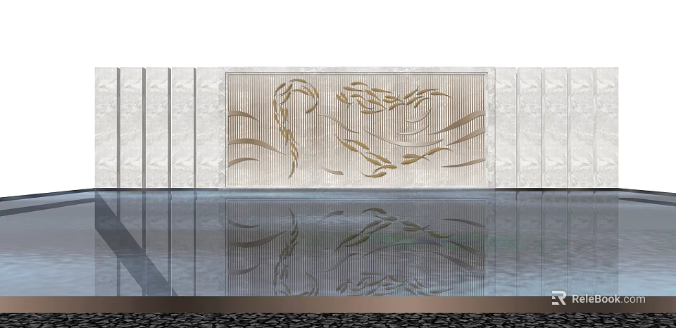 Modern Feature Wall With Golden Landscape Patterns On Textured Panels And Reflective Water Surface 3d model 