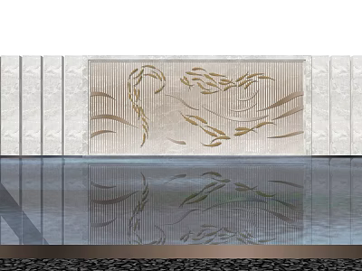 Modern Feature Wall With Golden Landscape Patterns On Textured Panels And Reflective Water Surface 3d model