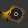 Vintage Gramophone Design With Golden Horn Wooden Base Vinyl Record And Hand Crank
