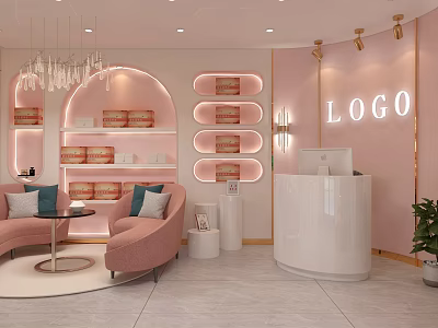Beauty Hair Salon Interior With Pink Walls Arched Decor Chandelier And Reception Desk 3d model