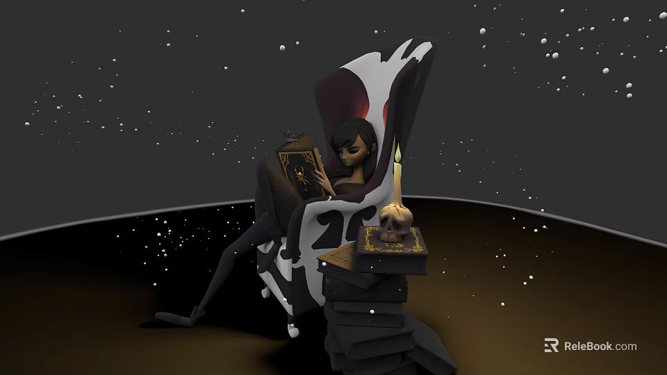 Game Film Character Sitting On Skeleton Chair Reading Book With Lit Candle Skull Starry Background 3d model 