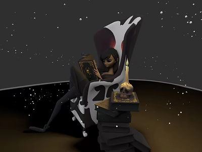Game Film Character Sitting On Skeleton Chair Reading Book With Lit Candle Skull Starry Background 3d model