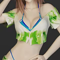 Woman In Green Blue Short Sleeved Top And Shorts With High Heels Front Back Views