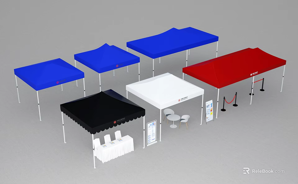 Outdoor Public Facilities With Blue Red Black White Canopies Tables Chairs And Signage 3d model 
