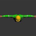 Human Worker In Green Reflective Uniform With Yellow Helmet Standing Arms Outstretched On Dark Background