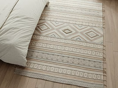 Square Rug with Geometric Diamond Patterns in Neutral Tones for Bedroom on Wooden Floor 3d model