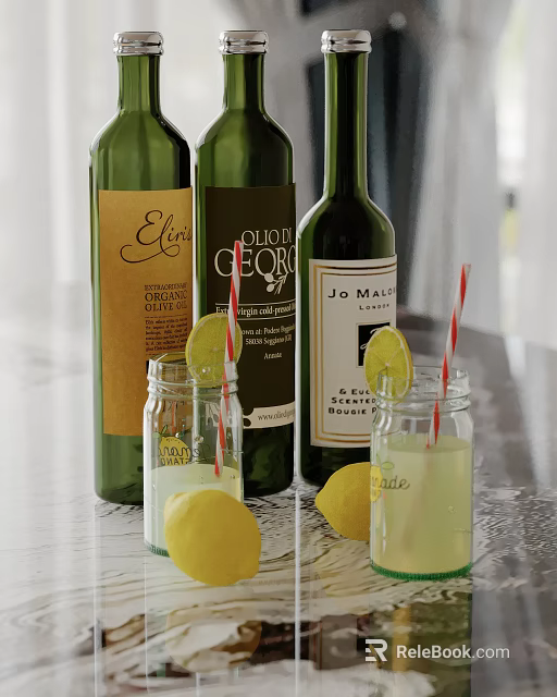 Ornamental Decorative Set With Green Wine Bottles Glass Jars Lemon Slices And Straws 3d model 
