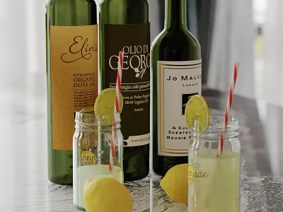 Ornamental Decorative Set With Green Wine Bottles Glass Jars Lemon Slices And Straws 3d model