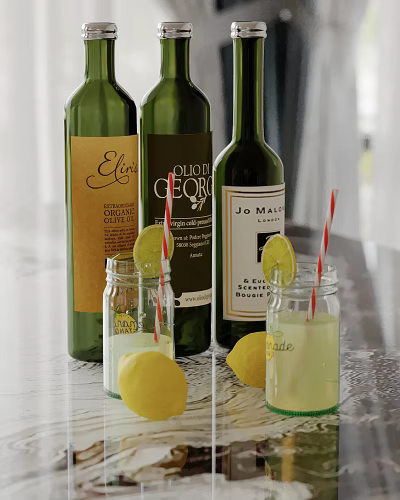 Ornamental Decorative Set With Green Wine Bottles Glass Jars Lemon Slices And Straws 3d model