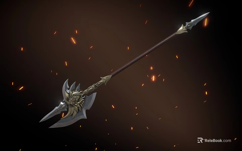 Mythical Spear Weapon Featuring Ornate Metallic Head And Fiery Flame Effects 3d model 