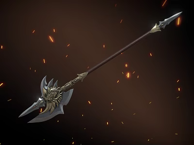 Mythical Spear Weapon Featuring Ornate Metallic Head And Fiery Flame Effects 3d model