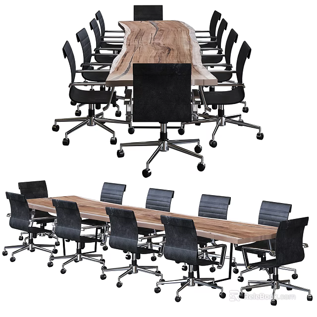 Modern Wooden Conference Table With Black Rolling Office Chairs For Office Meeting Room 3d model 
