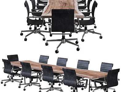 Modern Wooden Conference Table With Black Rolling Office Chairs For Office Meeting Room 3d model