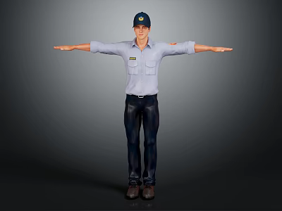 3D Male Character Model With Blue Shirt Dark Pants And Arms Outstretched Standing Pose 3d model