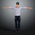 3D Male Character Model With Blue Shirt Dark Pants And Arms Outstretched Standing Pose