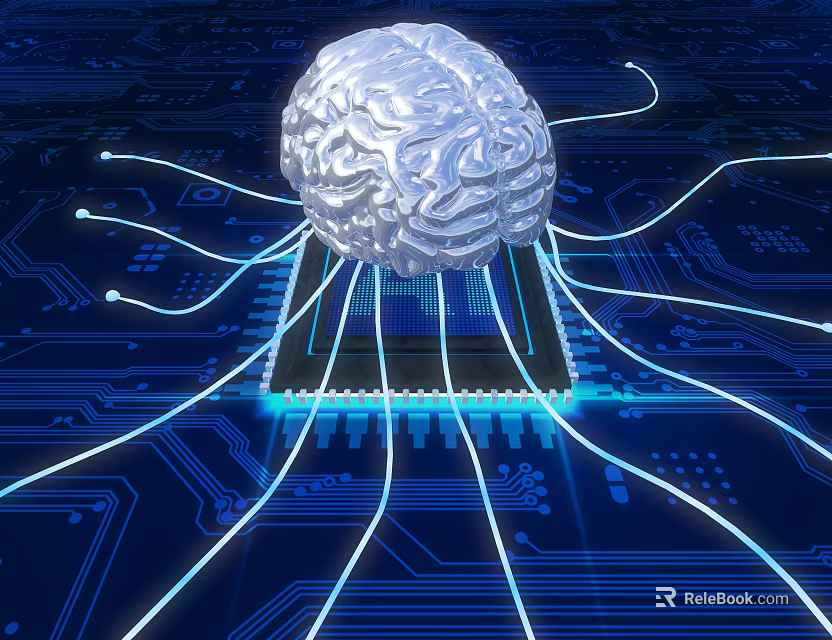 Futuristic Decorative Ornament Set With Brain Model Glowing Wires And Circuit Board On Blue Background 3d model 