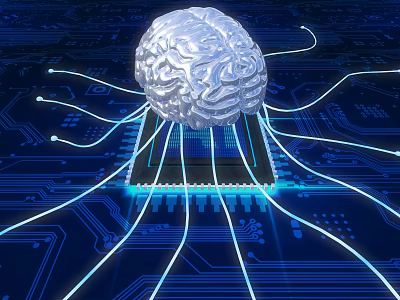 Futuristic Decorative Ornament Set With Brain Model Glowing Wires And Circuit Board On Blue Background 3d model