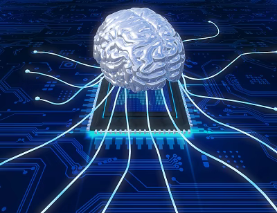 Futuristic Decorative Ornament Set With Brain Model Glowing Wires And Circuit Board On Blue Background 3d model
